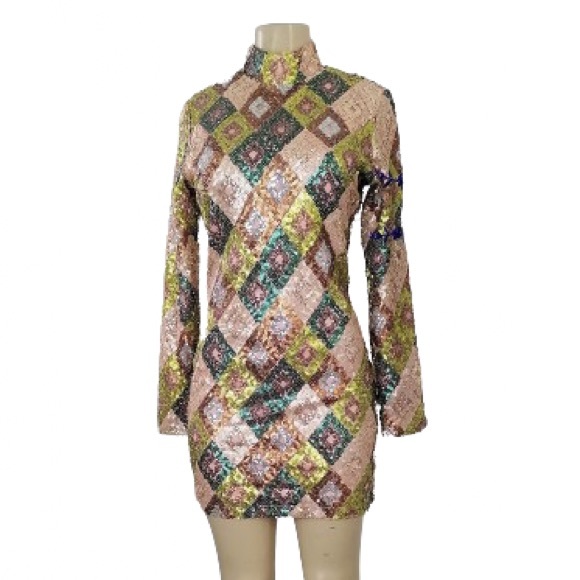 Aztec Sequin High Neck Mini Dress - Picture 1 of 3